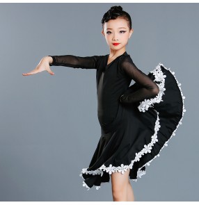 Children black with lace latin dance dresses competition salsa chacha rumba dance dress for girls 