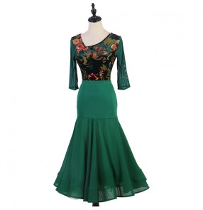 Dark green velvet flowers ballrooom dancing dresses stage performance ballroom tango waltz dance costumes for female