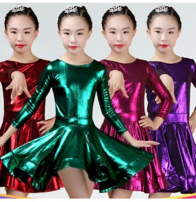 Girls kids glitter dark green silver wine latin dance dresses stage performance salsa chacha ballroom dance dress latin dance costumes for kids