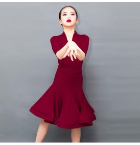 Girls wine color latin dance dresses competition stage performance salsa chacha dance dresses