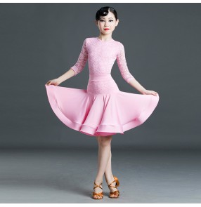 Kids light pink lace competition latin dance dresses practice ballroom salsa dance dress for girls 