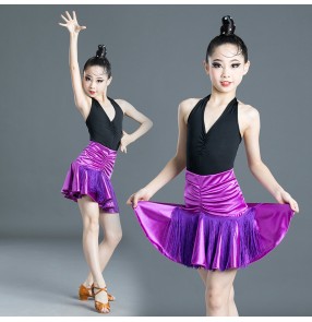 Kids prurple red pink latin dance dress modern salsa latin dance costumes stage performance clothes for girls