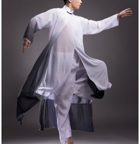 Men's white with black gradient hanfu chinese folk dance costumes traditional classical dance drama cosplay costumes for male