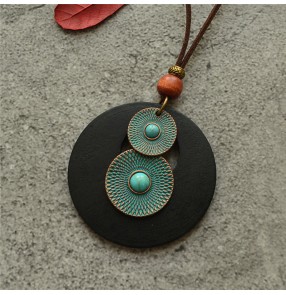 Retro ethnic style female cotton and linen dress jewelry simple style round wood chip long necklace chain sweater chain