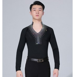 Rhinestones v neck latin ballroom competition latin dance shirts stage performance salsa chacha dance body tops 