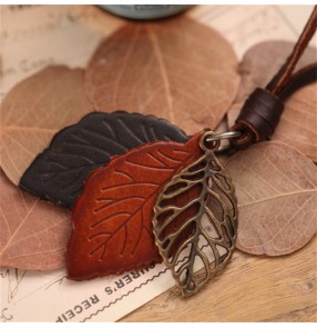 Simple nature style necklace for dress blouse personality leather leaves pendant long necklace cow leather sweater chain