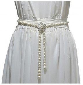 Women girls white dress beaded waistband pearls with rose flowers fashion waist strap sashes for female