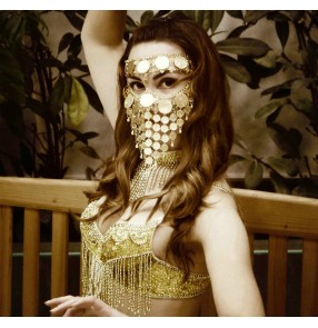 Women's belly dance coins metal veil mask stage performance mask video photos shooting hollow face mask for female