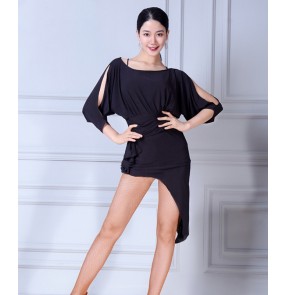 Women's black irregular hem latin dance dresses salsa chacha rumba dance dress stage performance costumes for female