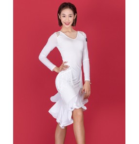 Women's black white long sleeves latin dress fringes salsa chacha dance dress ruffles skirt hem dance costumres for female