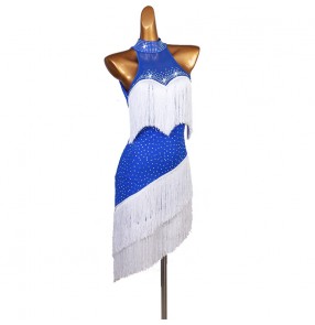 Women's blue with white fringes competition latin dance dresses salsa chacha stage performance dance dress 