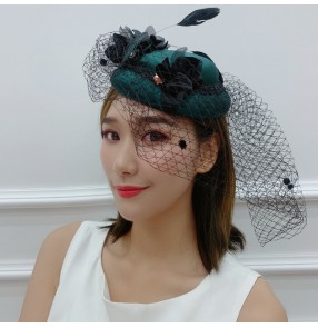 Women's fashion dark green church hat racing horse fedoras photos wedding evening party feather fascinators pillbox hats 