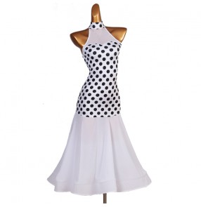 Women's girls white polka dot ballroom dancing dresses halter neck sleeveless waltz tango competition stage performance dance dresses