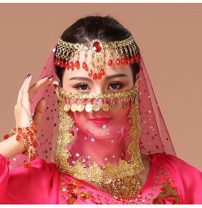 Women's indian belly dance veil mask stage performance dance accessory party dance coins mask for female 