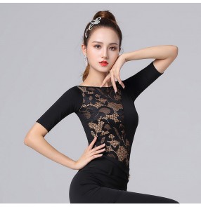 Women's lace patchwork latin ballroom dance tops stage performance salsa chacha dance shirts for female