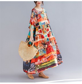 Women's plus size printed linen and cotton long dress fashion summer loose style beach dresses for female