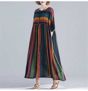 Women's rainbow striped plus size dresses cotton and linen loose style summer long dresses