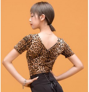 Women's sexy leopard black latin dance tops ballroom salsa chacha rumba stage performance dance tops for female 