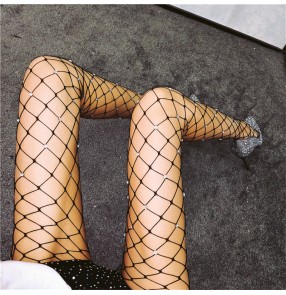 Women's sexy night club rhinestones lingerie pole dance fishnet stockings photos shooting performance party long leggings socks 