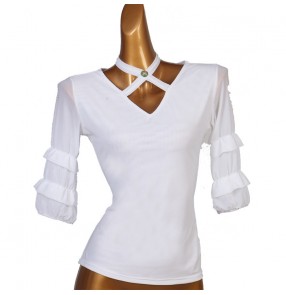 Women's white ballroom dancing tops latin salsa chacha dance blouses shirts for female 