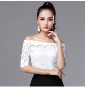 Women's white black lace ballroom latin dance tops practice chacha salsa dance shirts for female