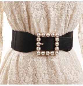 Women's white dress elastic waistband latin modern dance stage performance sashes fashion beaded wide waist belt for female