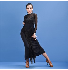 Women sexy black long length latin dance dresses back split fashion salsa chacha dance dress