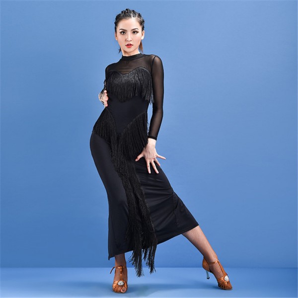 Women Sexy Black Long Length Latin Dance Dresses Back Split Fashion Salsa Chacha Dance Dress 