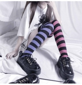 2pairs Japanese high-tube thigh socks blue pink  striped colored anime drama cosplay student over-the-knee socks