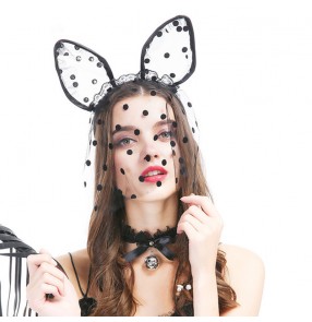 2PCS black lace sexy stage performance night club cosplay bunny ear clip with veil mask cat ear hood hair band