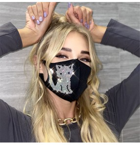 2PCS Bling rhinestones cat pattern black reusable face masks for unisex cotton dust proof protective fashion face masks for female