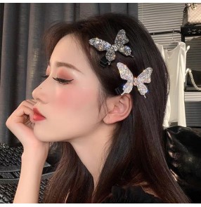 2pcs Butterfly bling diamond butterfly hairpin side clip bangs clip fairy cosplay stage performance hair accessories for girls