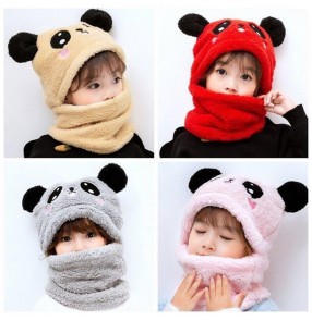 2PCS Children's cartoon faux fur hat with scarf boys girls ear protection warm hat bib one cute two-piece set hat