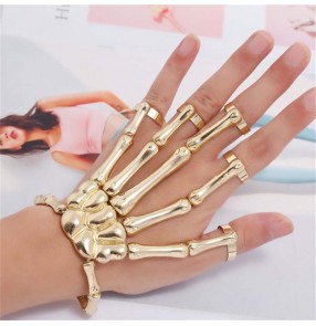 2PCS European American style punk rock style jewelry fashion personality stage performance cosplay punk skull hand bone five finger ring bracelet adjustable one chain