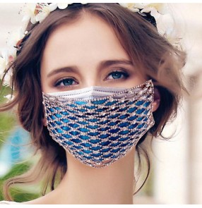 2pcs fashion bling rhinestones hollow face masks sexy glitter night club performance photos video shooting mouth mask for party 