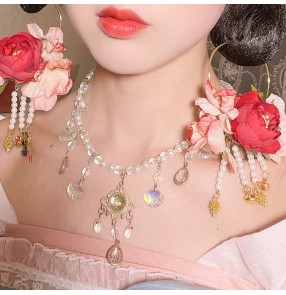 2PCS Hanfu silk flower Fairy dress princess hair flowers Hair ring tassel empress Headdress pearl antique Tang hair ornament