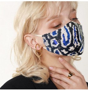 2PCS Leopard sequins glitter reusable face masks for unisex stage performance singers photos shooting face mask for women