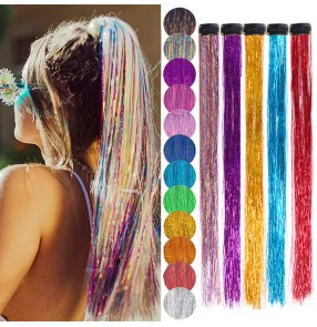 2pcs Rapper singers gogo dancers hiphop dance Colorful bling silk hair extension for women girls flash colorful hair gold laser makeup color strip wig piece