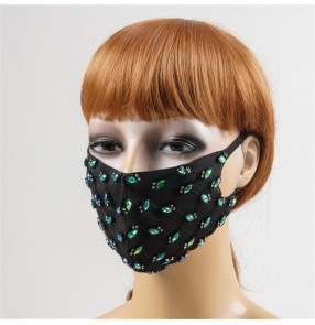 3PCS green rhinestones bling reusable face masks for women fashion mouth mask for party stage performance photos shooting face masks