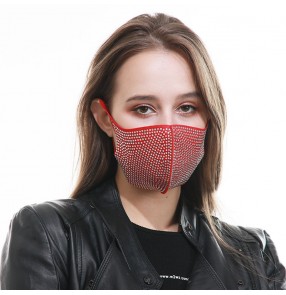 3PCS rhinestones bling red reusable face masks for women party stage performance dance masquerade photos shooting face mask 