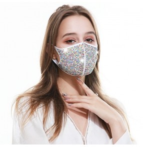 3PCS white rainbow rhinestones cotton reusable face mask for unisex fashion bling face mask for party stage performance masquerade