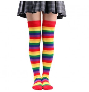 3pcs Women girls rainbow striped  jazz dance hiphop stockings cotton knee-length gogo dancers stage performance drama film cosplay colorful socks for young girls
