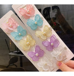 5 pairs pink blue violet Embroidered butterfly hairpin Hanfu princess fairy dresses headdress barrette Girls children clip princess little girl bangs hair clip