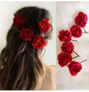 6PCS Red rose flower Hairpin for bridal headband photos shooting stage performance head flower hairpin film cosplay bridal hair accessories toast accessories