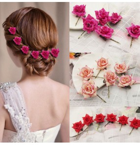 6pcs Women girls latin ballroom stage performance rose flowers Hair accessories hairpin fairy dress flower side clip barrette bangs clip hairpin bridal head jewelry