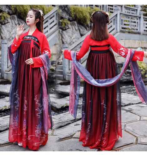 Hanfu Women's chinese folk dance costumes red colored empress princess ...