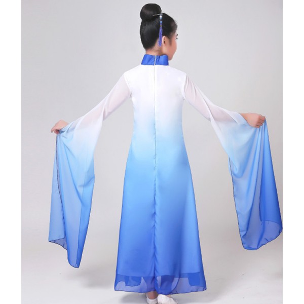 Girls chinese folk dance costumes classical dance dress white with blue  ancient traditional hanfu drama cosplay anime water sleeves fairy cosplay  dresses