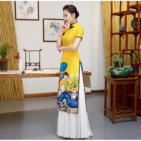 Chinese dress yellow red chinese traditional qipao dress oriental style ...