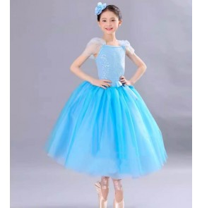 Girls ballet dance dress children kids stage performance competition tutu skirt modern dance long blue dresses costumes