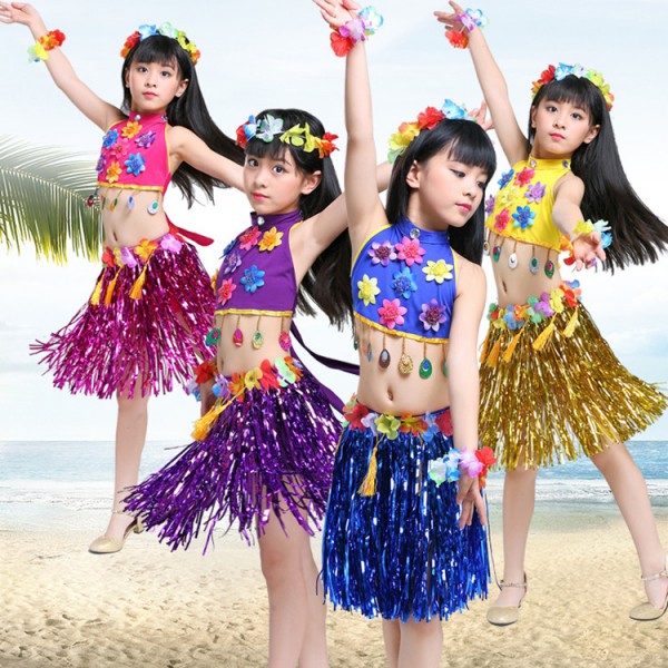 Girls Hawaiian Hula performance costumes for children grass hula Skirt ...